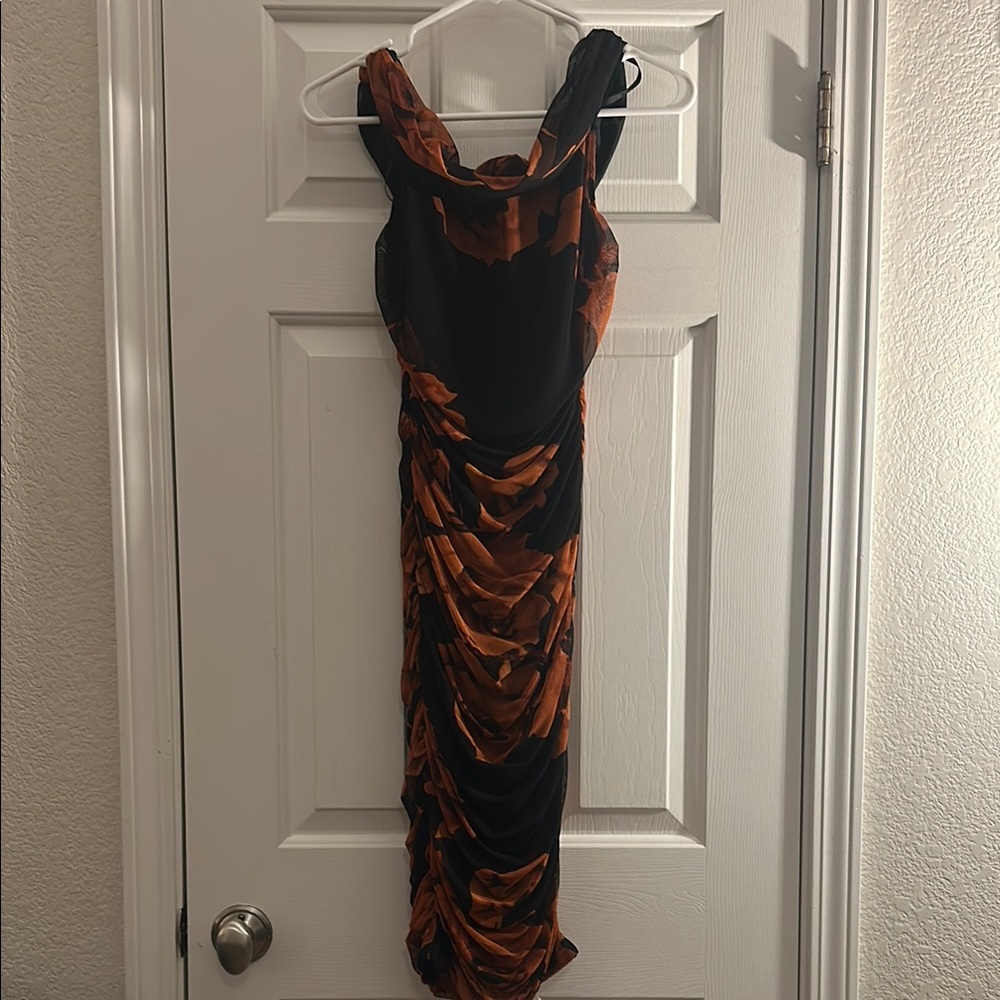 Elegant Black and Orange Ruched Dress